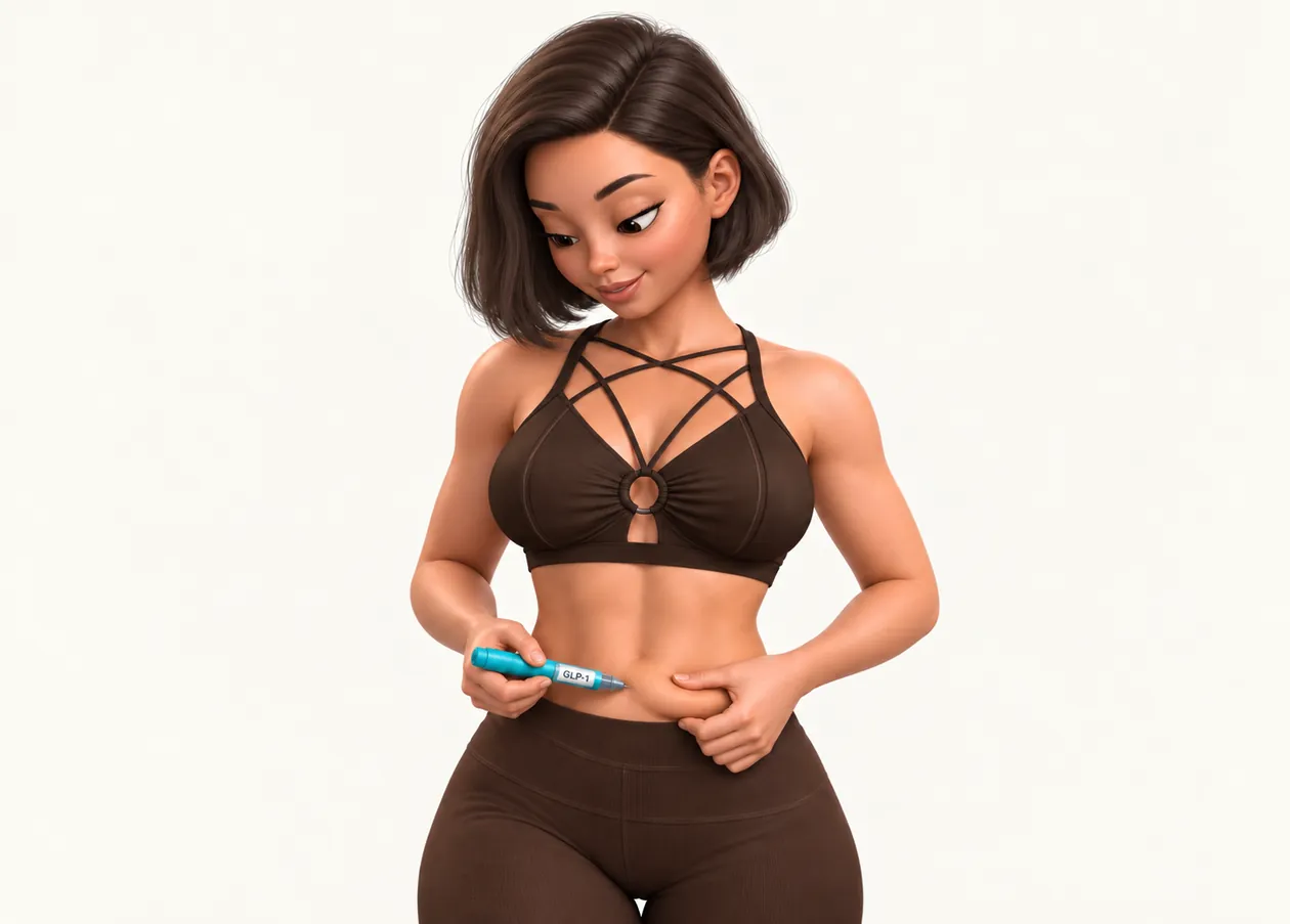 A woman holding a GLP-1 injection pen against her abdomen